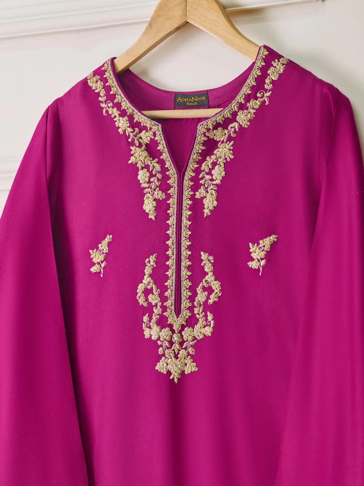 Agha noor 2 piece - (Size- XL) Pure Silk Net Embroidered Suit - Magenta -  Shalwar Kameez