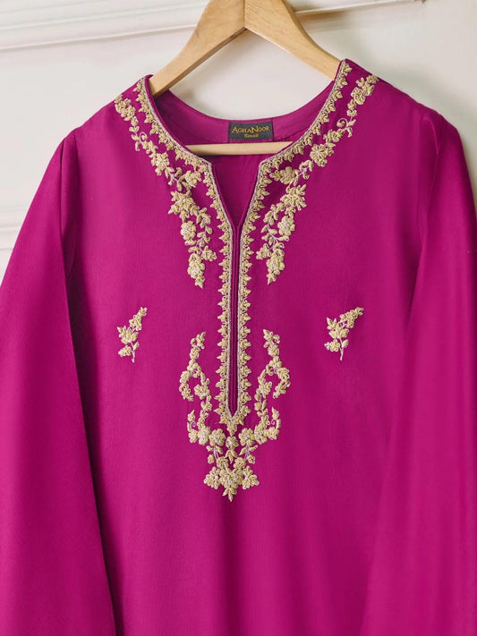 Agha noor 2 piece - (Size- XL) Pure Silk Net Embroidered Suit - Magenta -  Shalwar Kameez