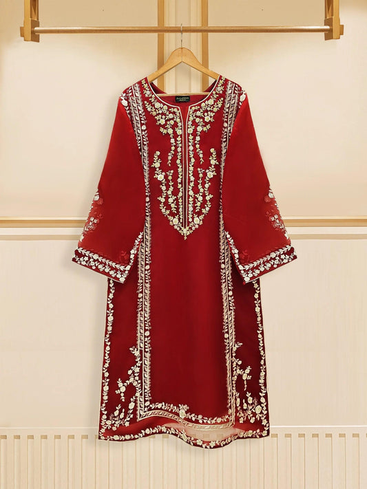 Aghanoor 3 piece - (Size- XL) Pure Organza Embroidered Suit - Maroon - Raw Silk Pants
