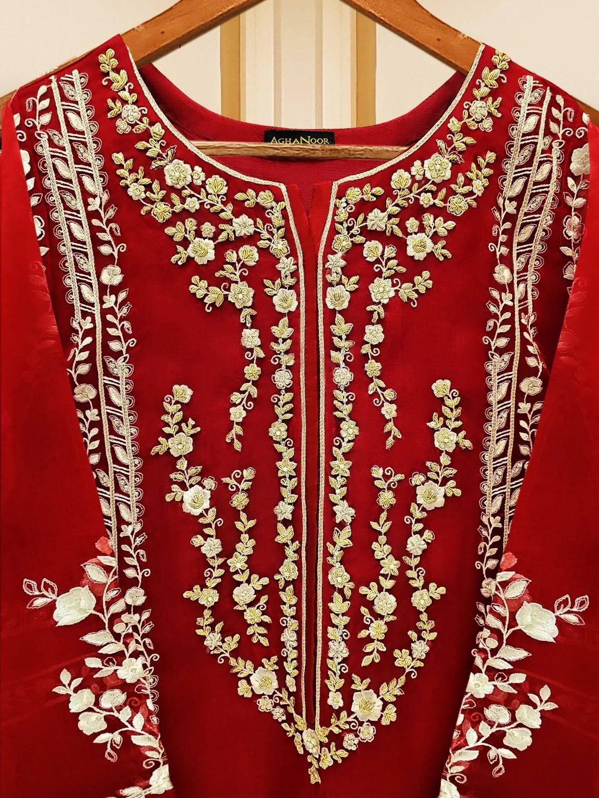 Aghanoor 3 piece - (Size- XL) Pure Organza Embroidered Suit - Maroon - Raw Silk Pants