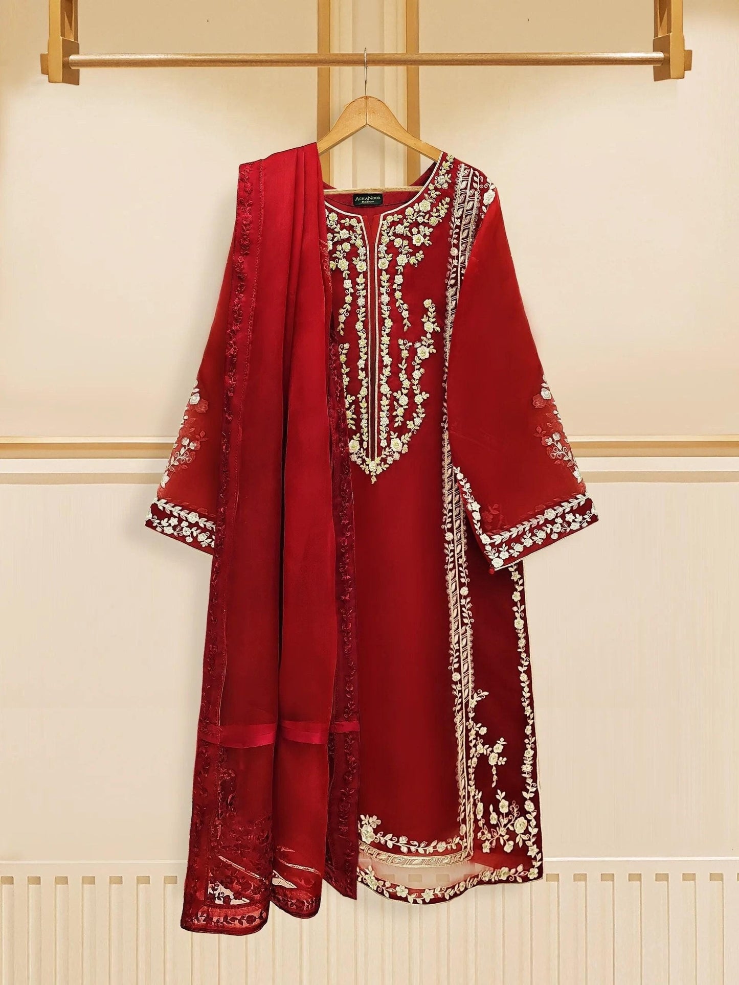 Aghanoor 3 piece - (Size- XL) Pure Organza Embroidered Suit - Maroon - Raw Silk Pants