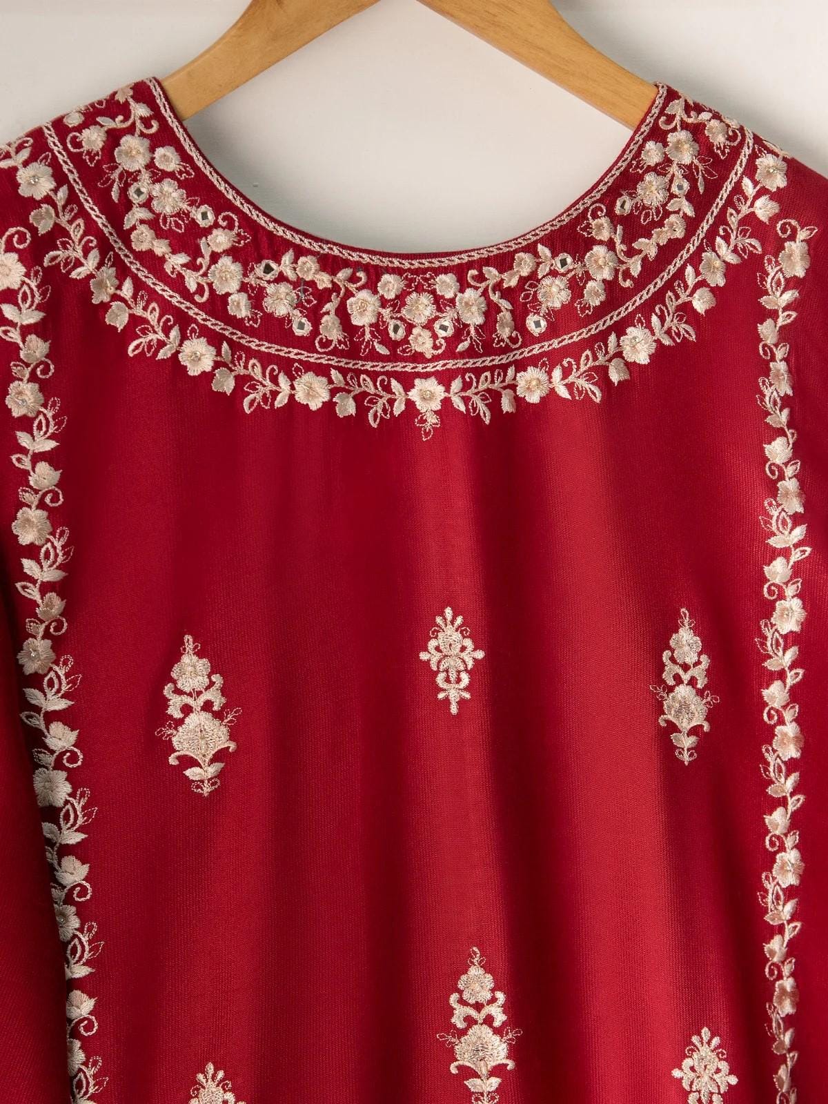 Agha noor 2 piece - (Size- Large) Pure Silk Heavily Embroidered Suit - Maroon - Raw Silk Pants