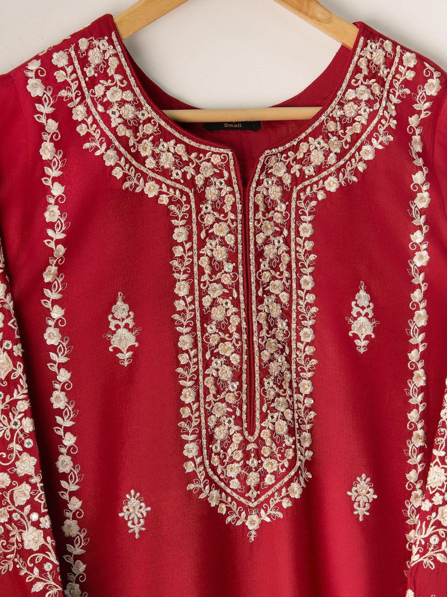 Agha noor 2 piece - (Size- Large) Pure Silk Heavily Embroidered Suit - Maroon - Raw Silk Pants