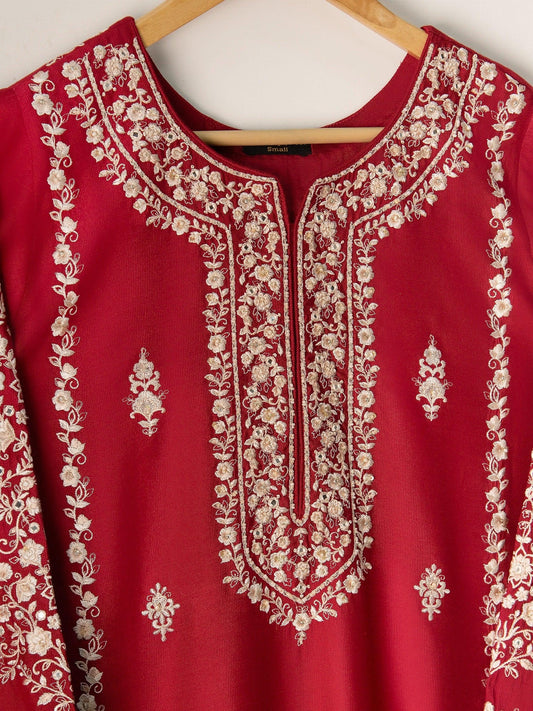 Agha noor 2 piece - (Size- Large) Pure Silk Heavily Embroidered Suit - Maroon - Raw Silk Pants