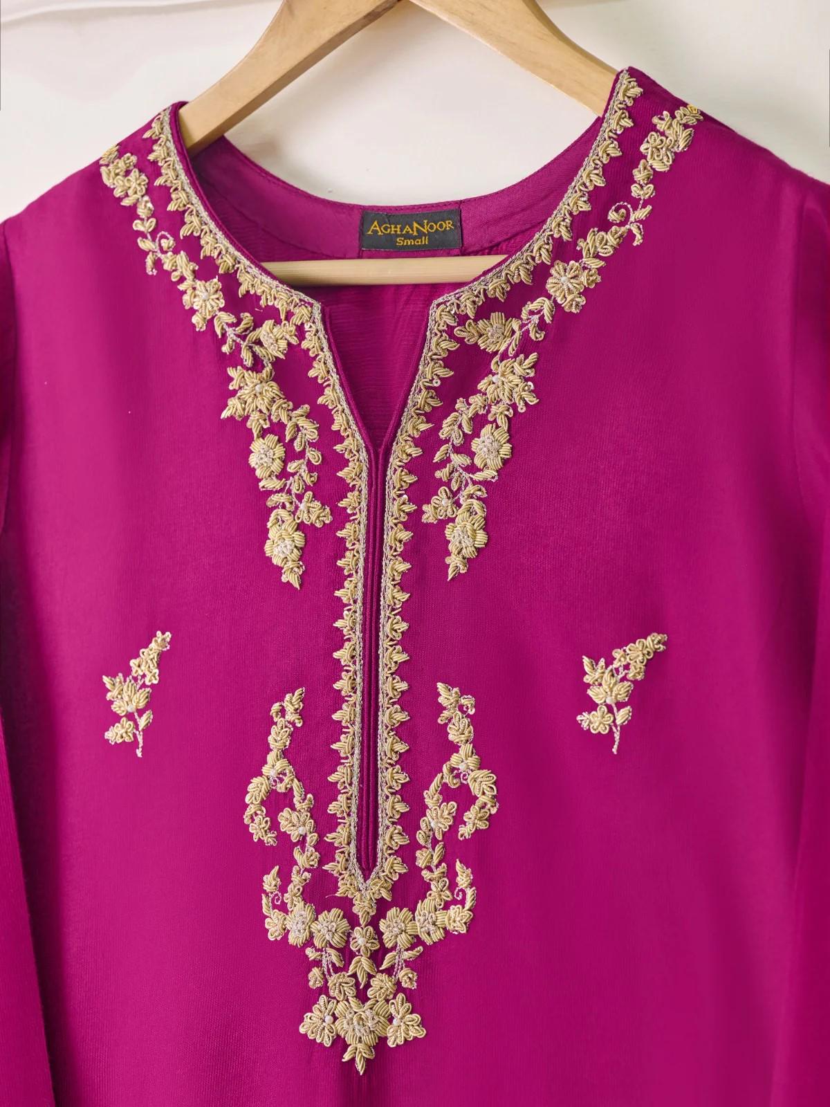 Agha noor 2 piece - (Size- XL) Pure Silk Net Embroidered Suit - Magenta -  Shalwar Kameez
