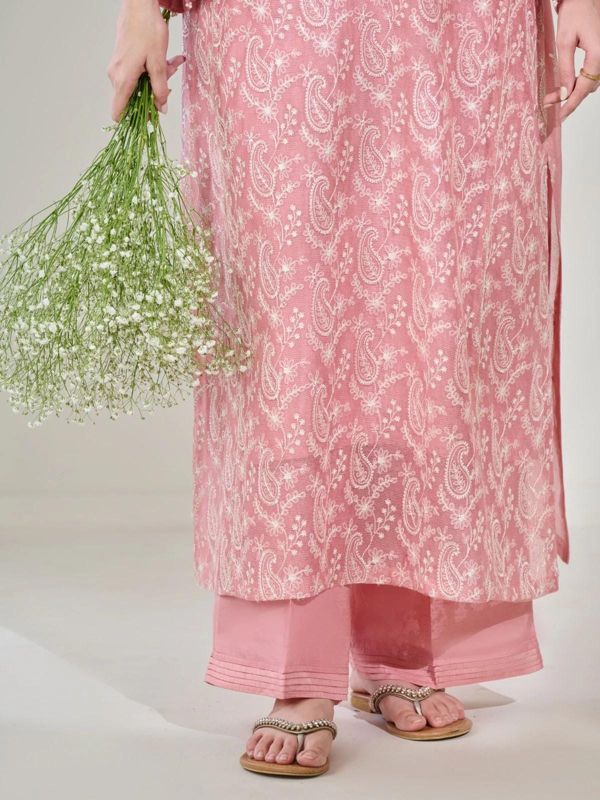 Agha noor 2 Piece -  Pure Cotton Net Embroidered Suit (Size  L) - Tea Pink; Raw Silk Pants