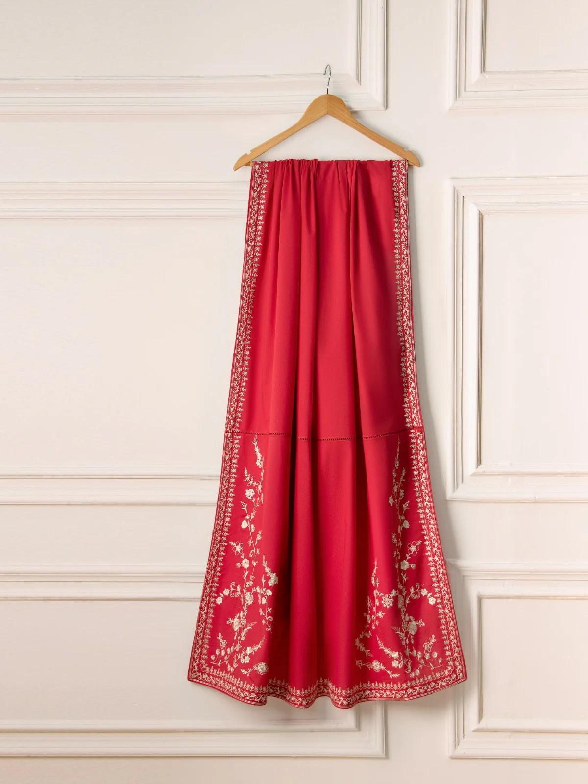 Agha noor 3 piece - Heavily Embroidered Cambric Suit - Red