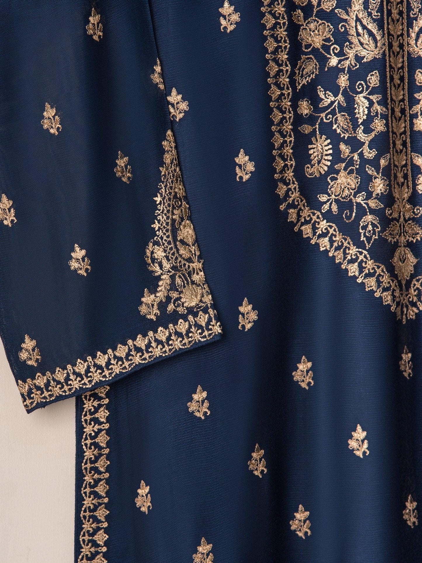 3 Piece Agha Noor - Navy Blue Embroidered Cotton Net Suit: Raw Silk Pants