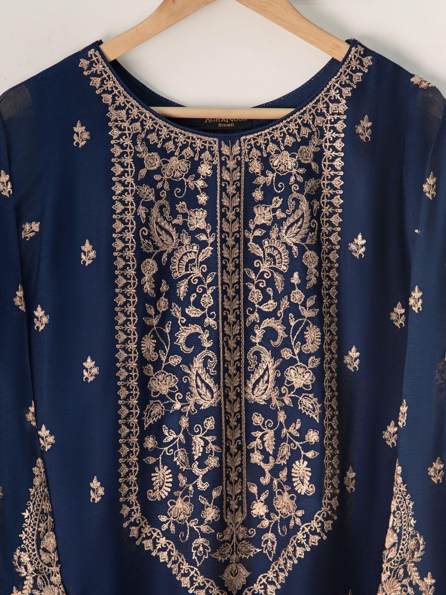 3 Piece Agha Noor - Navy Blue Embroidered Cotton Net Suit: Raw Silk Pants