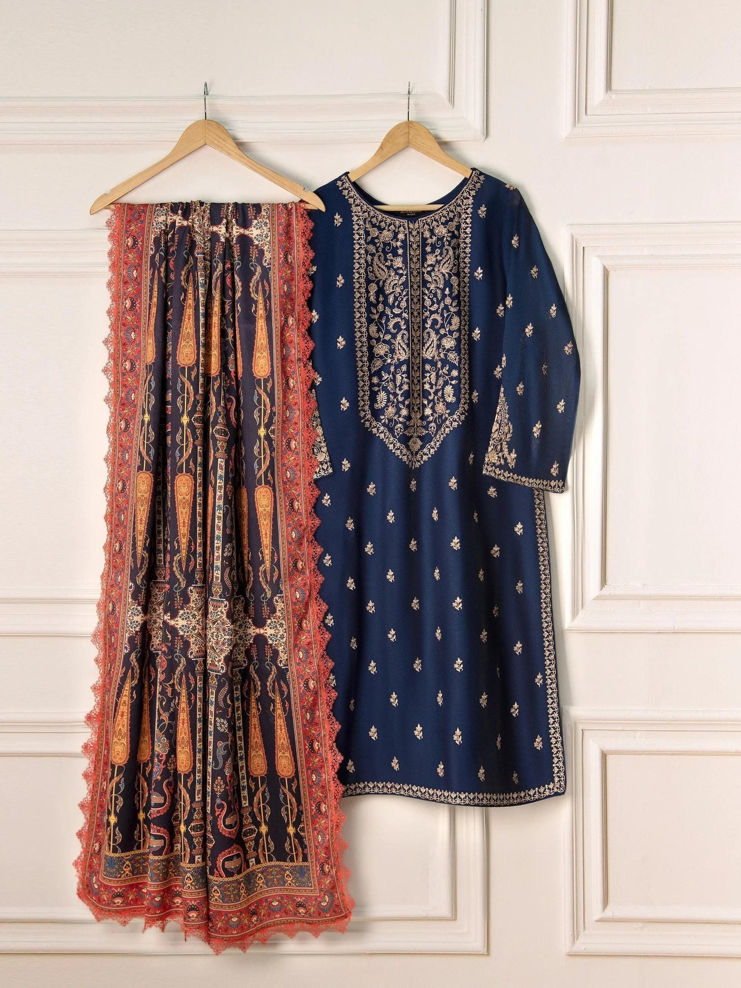 3 Piece Agha Noor - Navy Blue Embroidered Cotton Net Suit: Raw Silk Pants