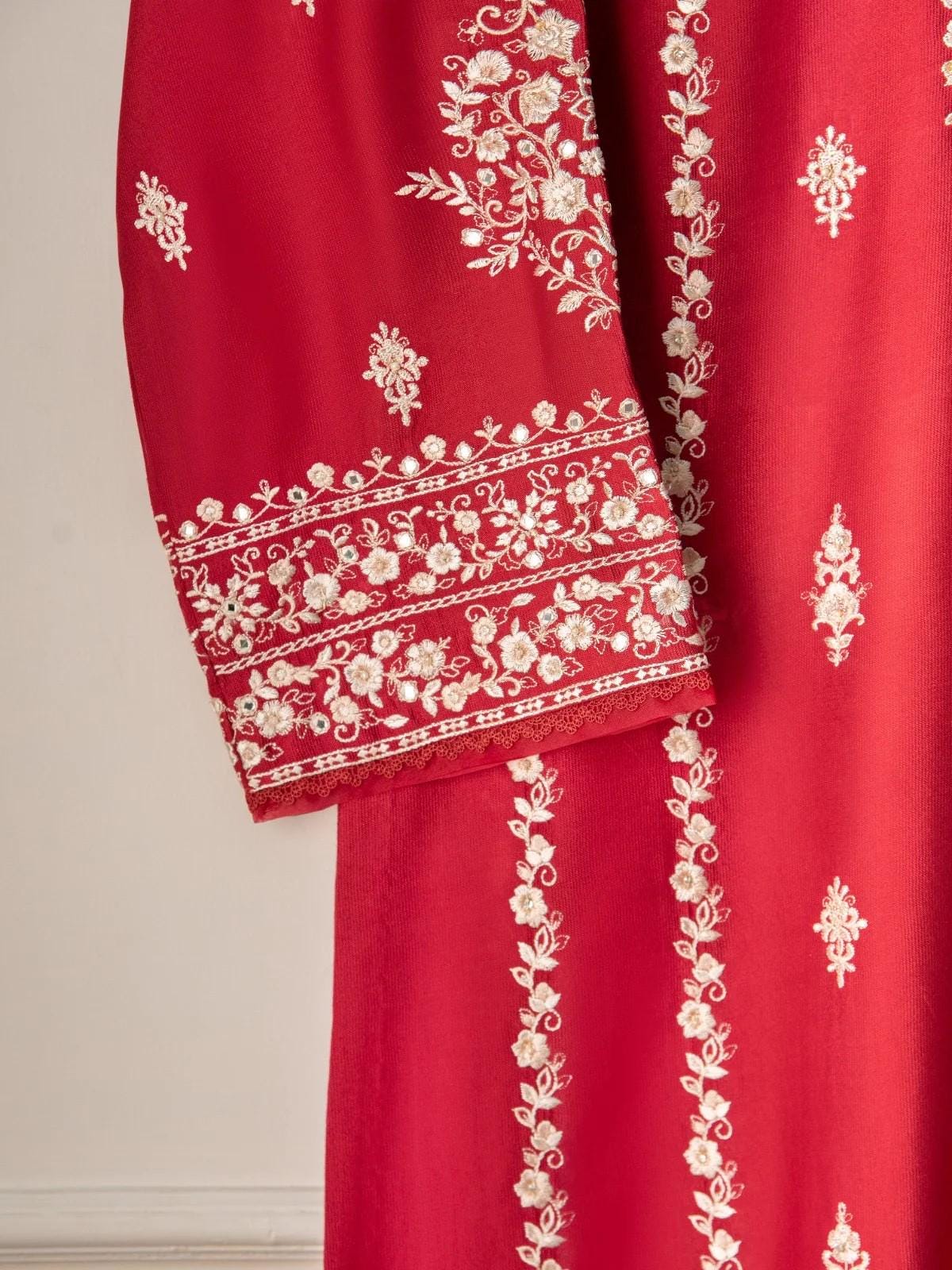 Agha noor 2 piece - (Size- Large) Pure Silk Heavily Embroidered Suit - Maroon - Raw Silk Pants