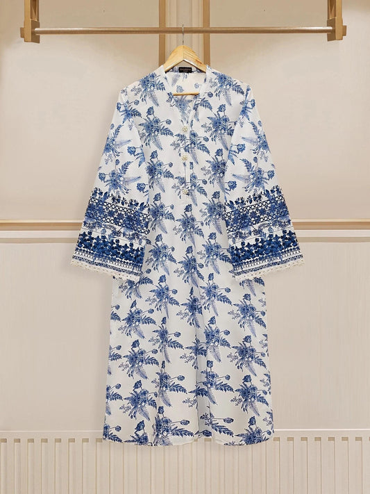 Embroidered Cambric Shalwar Kameez Suit: Floral Print, Size L