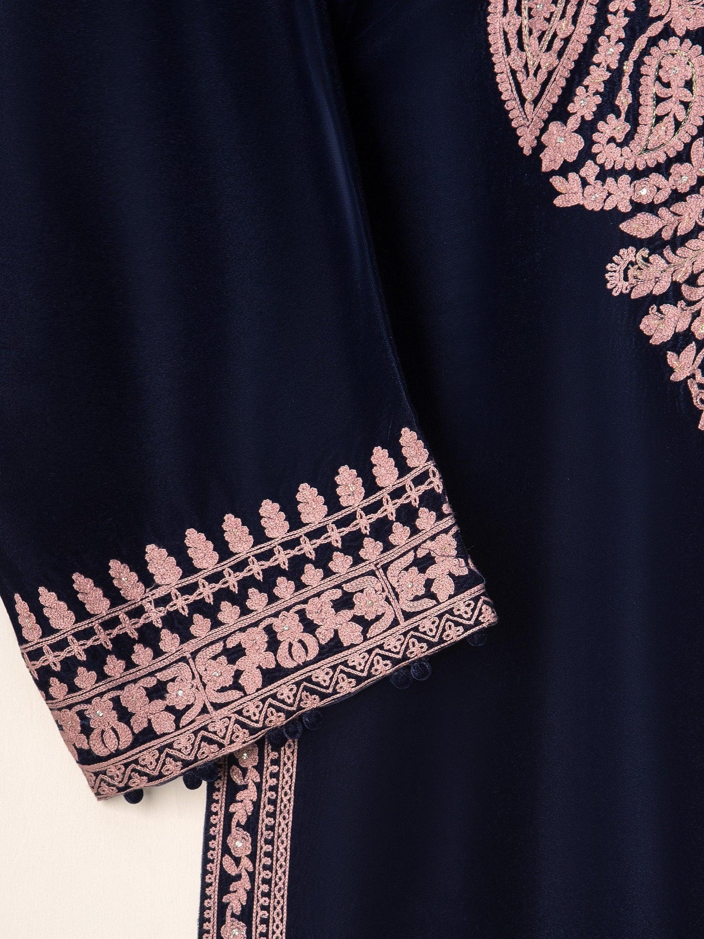 Agha Noor 2 piece - Embroidered Velvet Suit - Navy Blue - Raw Silk Pants