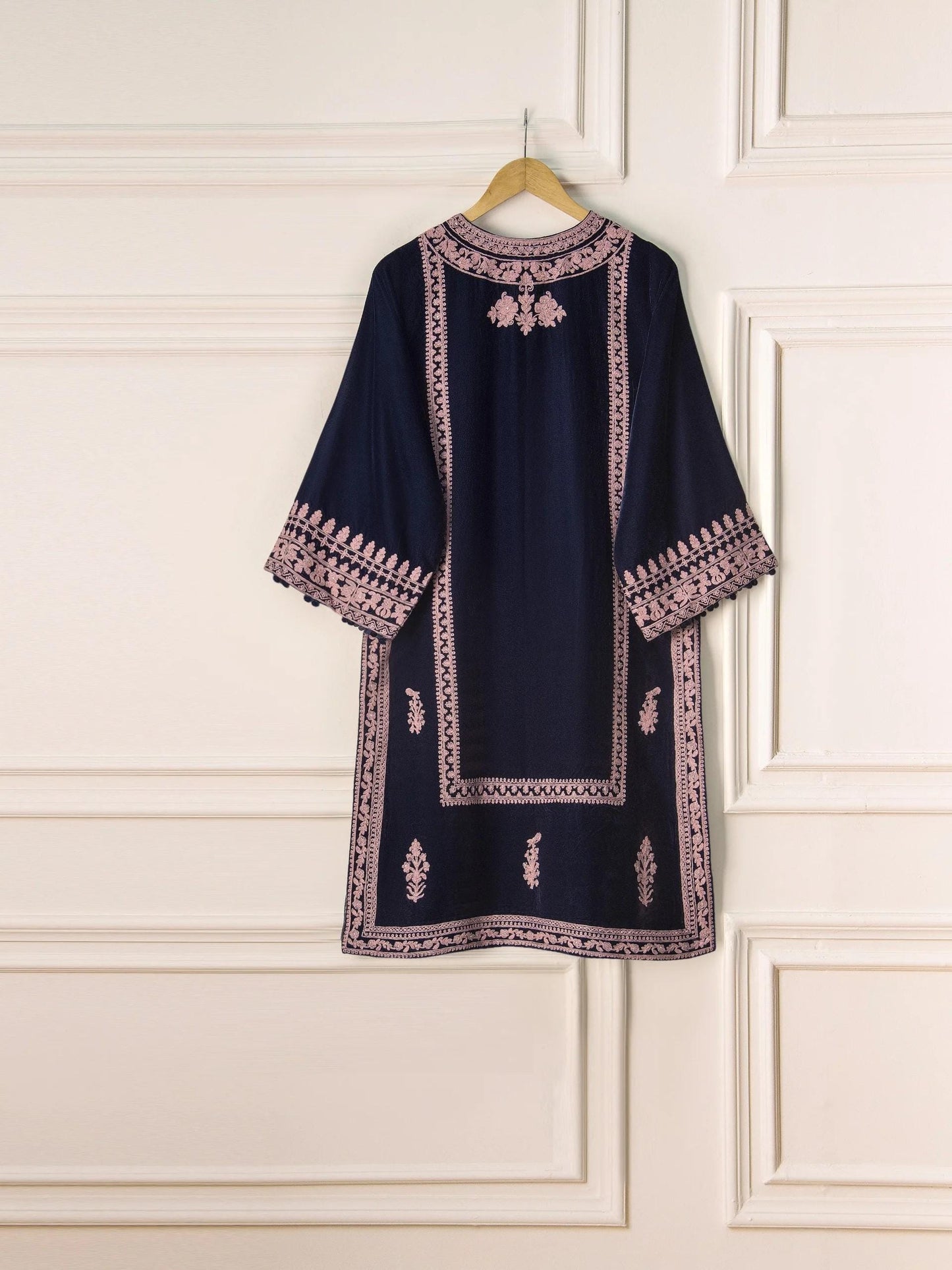 Agha Noor 2 piece - Embroidered Velvet Suit - Navy Blue - Raw Silk Pants