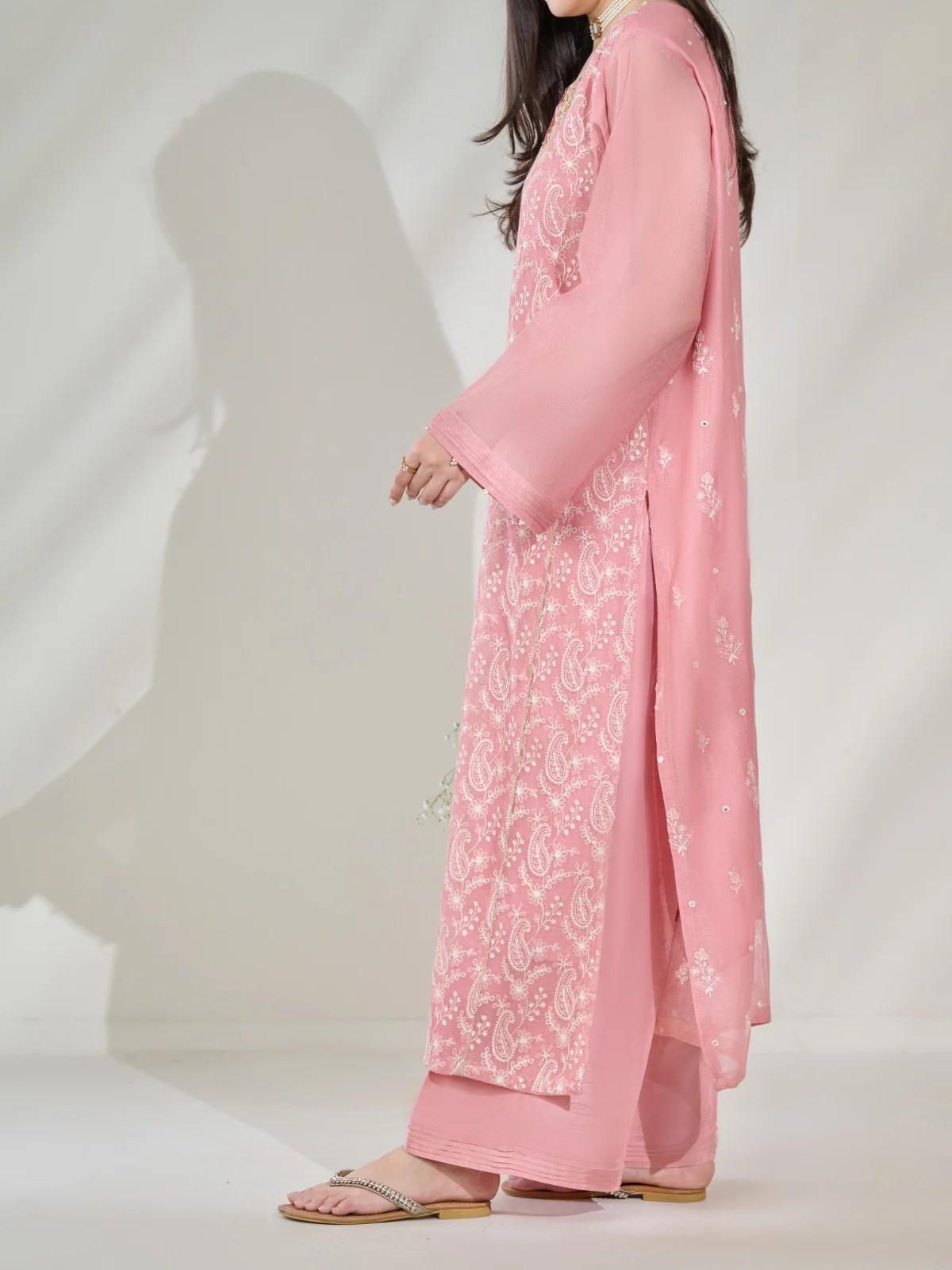 Agha noor 2 Piece -  Pure Cotton Net Embroidered Suit (Size  L) - Tea Pink; Raw Silk Pants