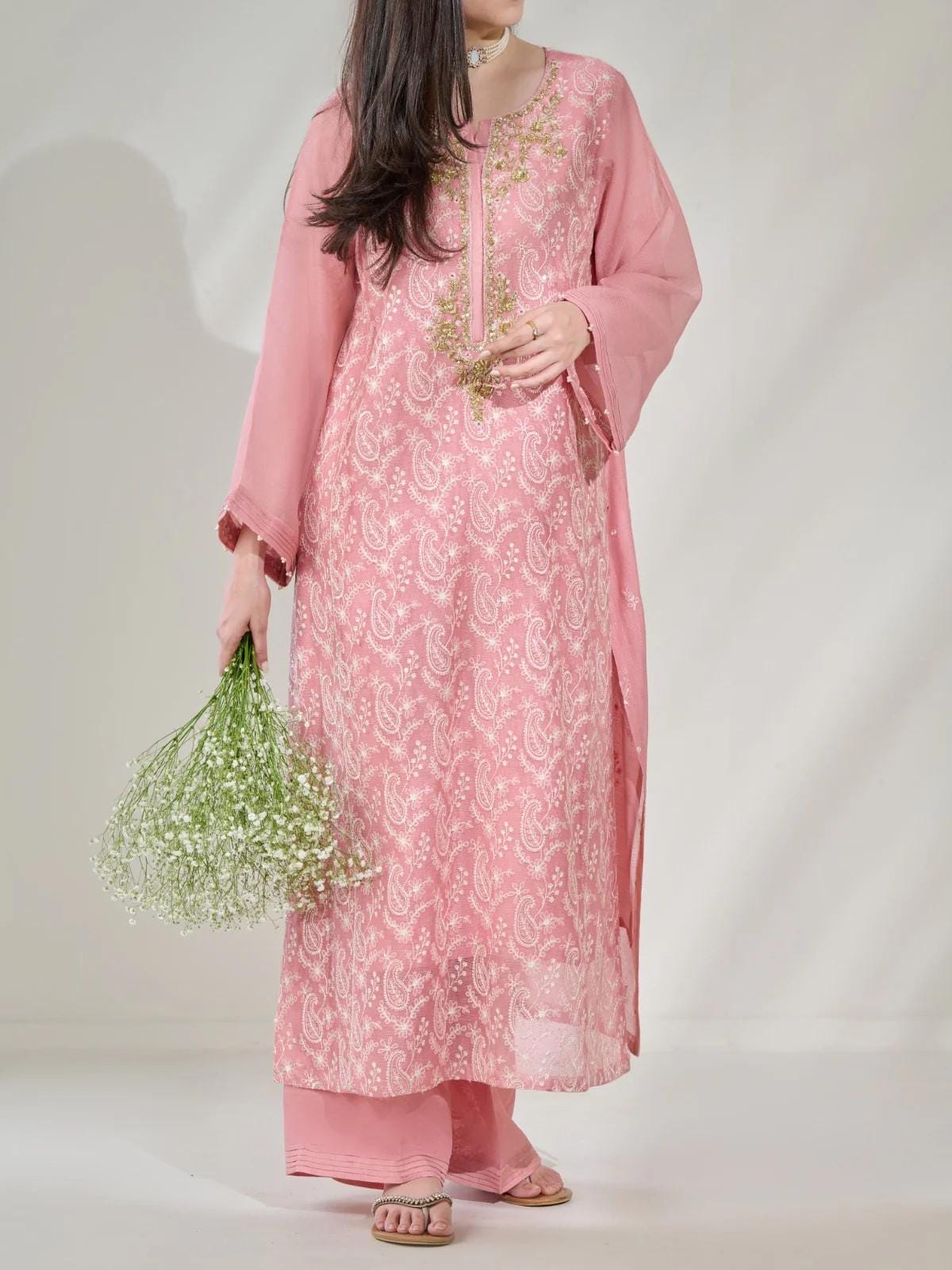 Agha noor 2 Piece -  Pure Cotton Net Embroidered Suit (Size  L) - Tea Pink; Raw Silk Pants