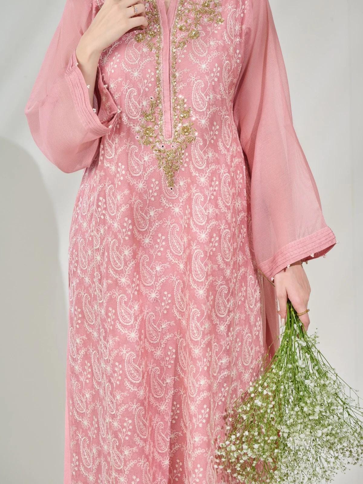 Agha noor 2 Piece -  Pure Cotton Net Embroidered Suit (Size  L) - Tea Pink; Raw Silk Pants