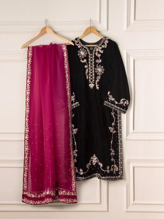 Agha Noor Embroidered Black Velvet Shalwar Kameez: 3-Piece Indian Suit