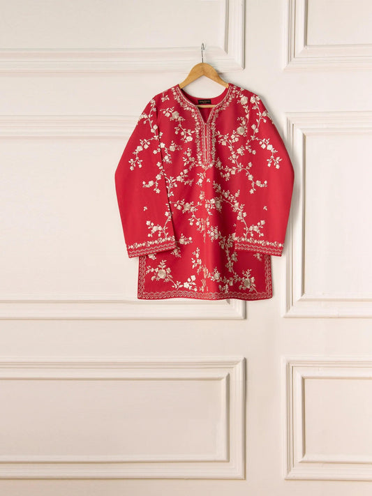 Agha noor 3 piece - Heavily Embroidered Cambric Suit - Red