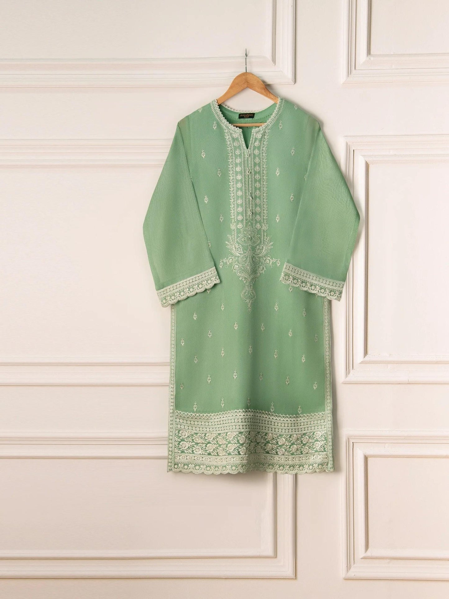 Aghanoor 3 Piece Pure Cotton Net Embroidered Suit Size (Large, Medium) - Pista Green