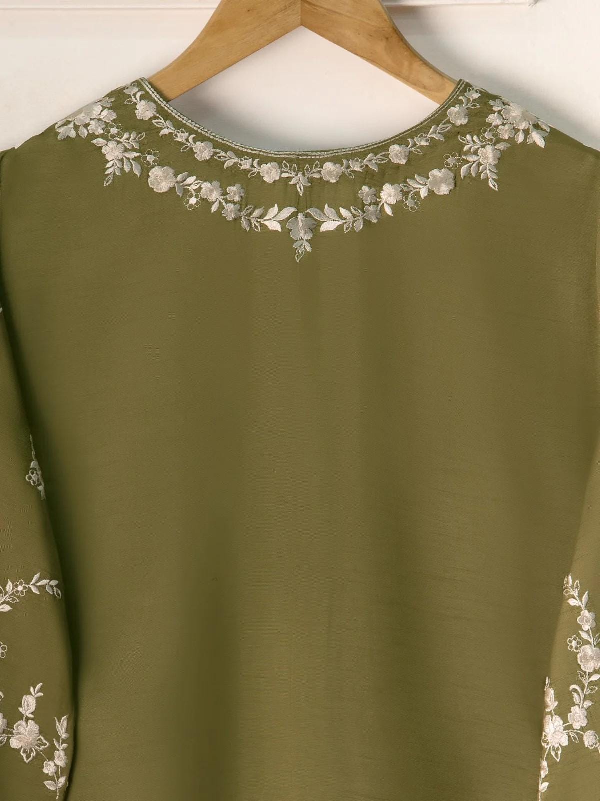 Embroidered Korean Silk Suit - Dhani Green, 2-Piece Agha Noor