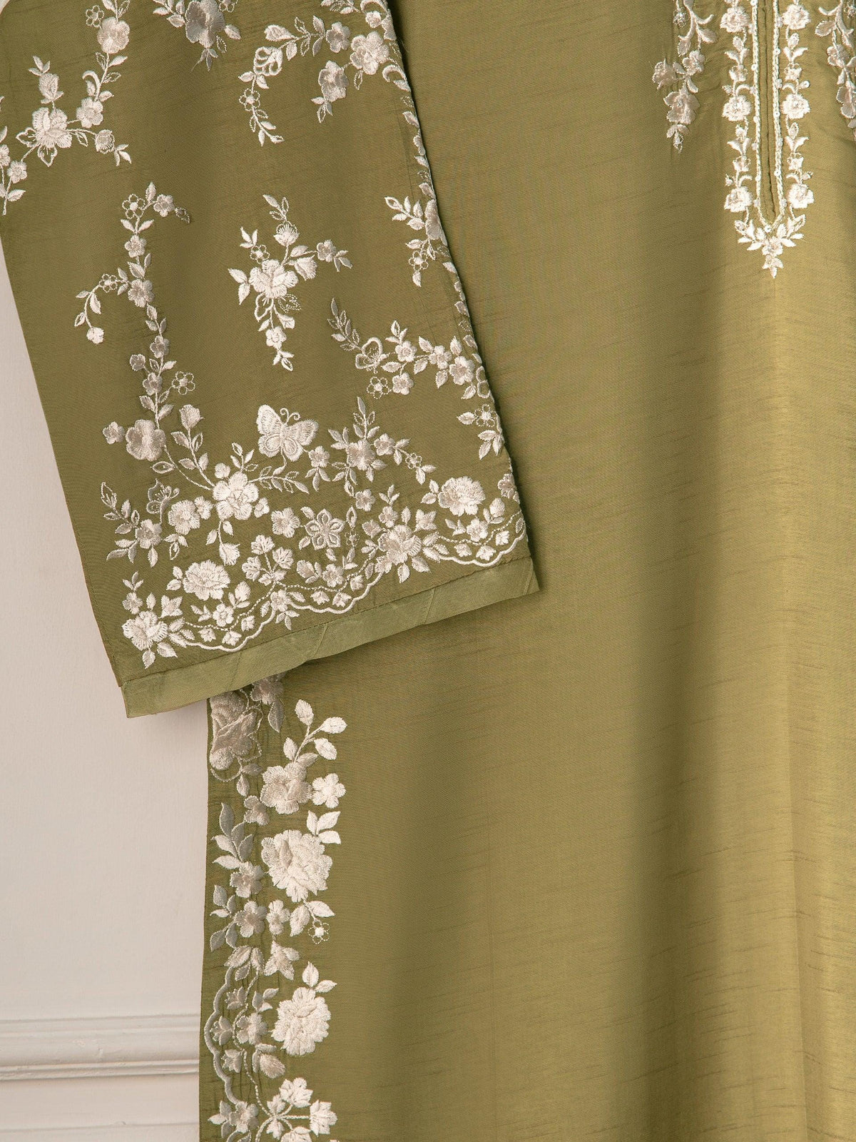 Agha Noor Embroidered Korean Silk Suit - Dhani Green - 2 Piece