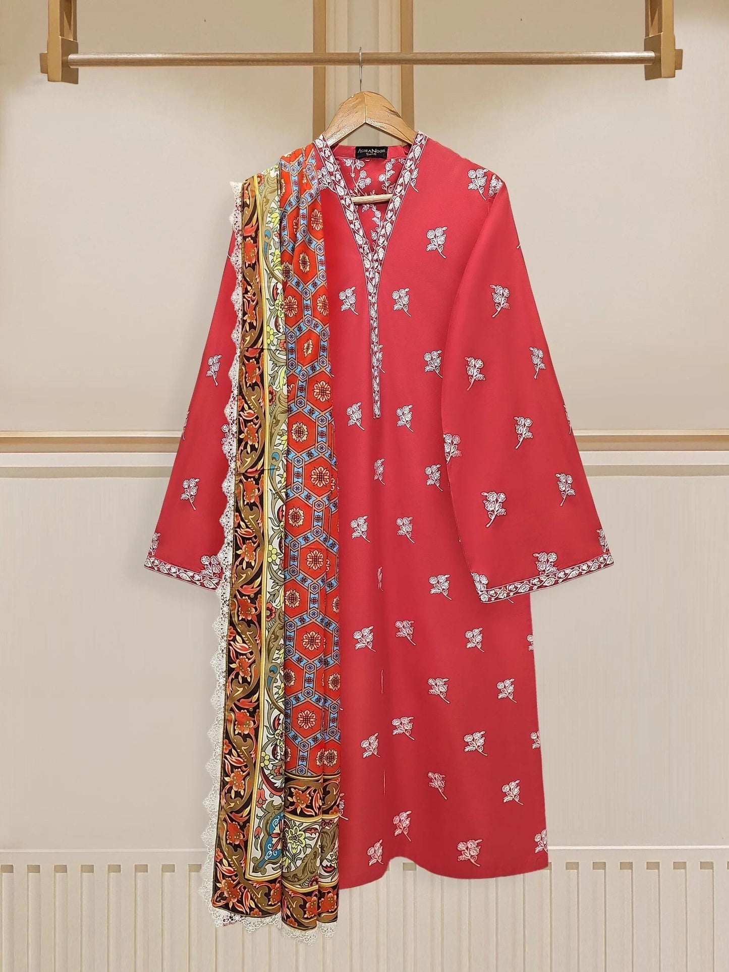 Aghanoor 3 piece - (Size- M, XS) Embroidered Cambric Suit  - India Pakistan Bangladesh Shalwar Kameez