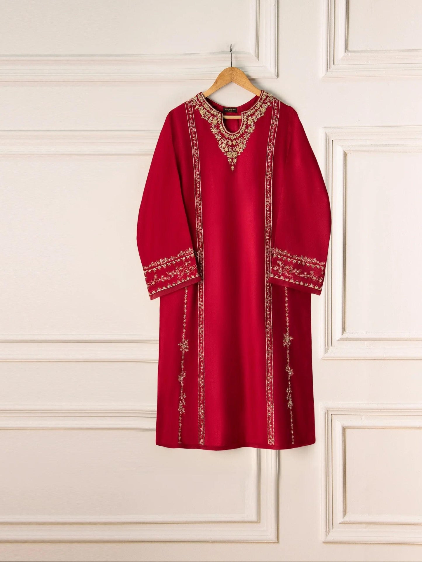 Aghanoor 2 Piece Pure Silk Embroidered Suit Size (Medium) - Maroon - Raw Silk Pants