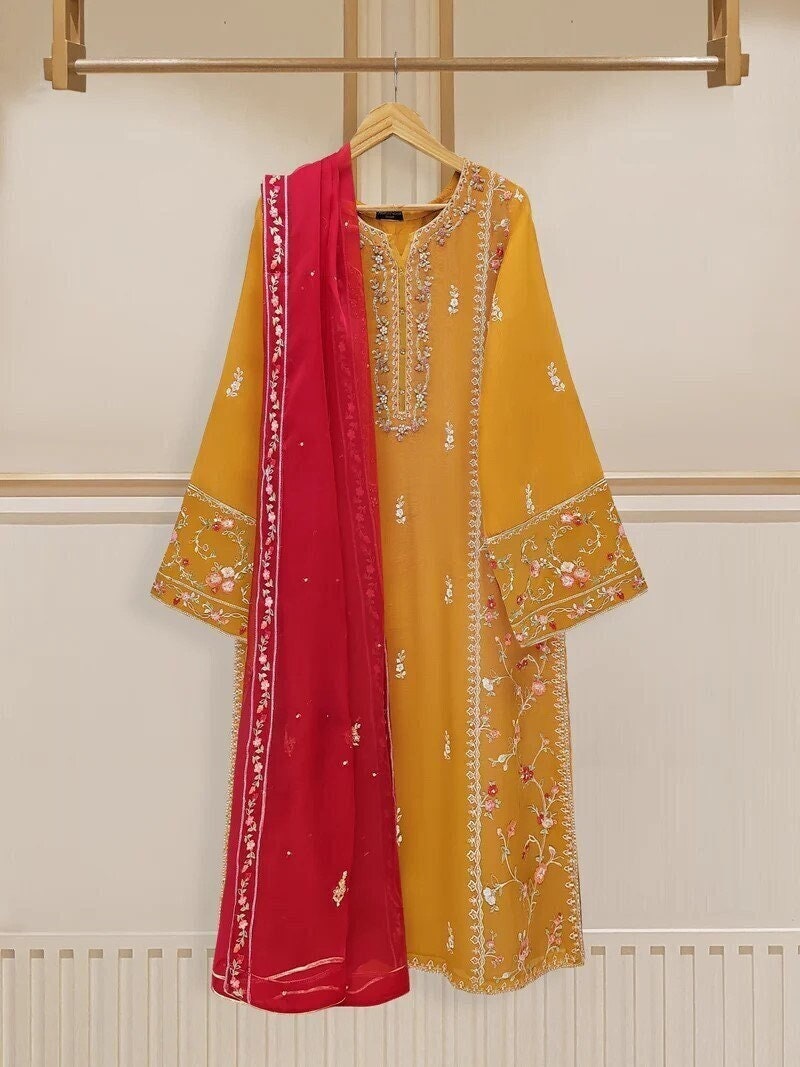 Agha Noor 3 Piece Embroidered Cotton Net Shalwar Kameez - Raw Silk Pants