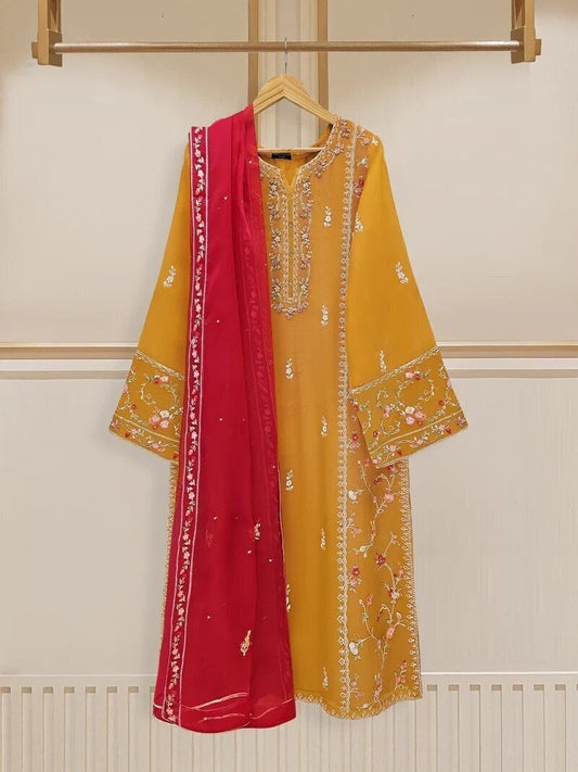 Agha Noor 3 Piece Embroidered Cotton Net Shalwar Kameez - Raw Silk Pants