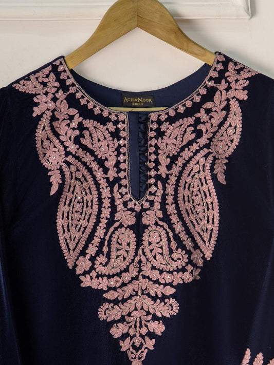 Agha Noor 2 piece - Embroidered Velvet Suit - Navy Blue - Raw Silk Pants