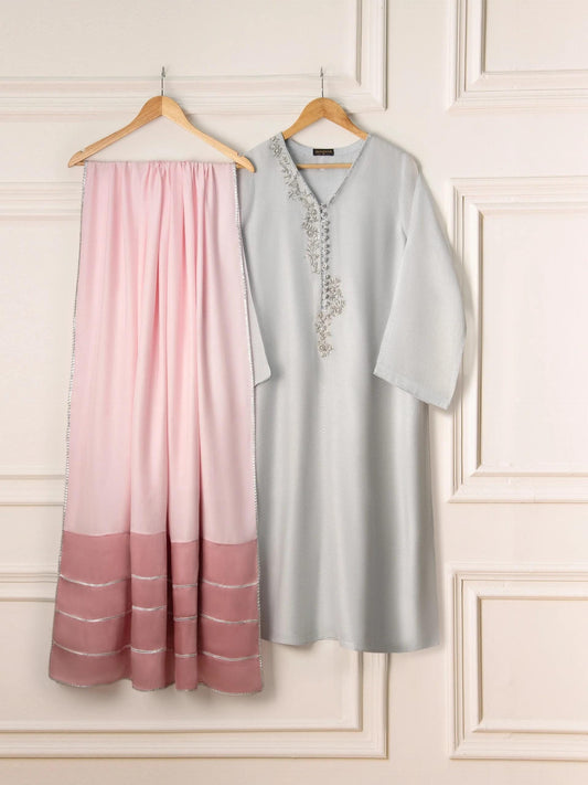 Aghanoor 3 Piece Pure Cotton Net Embroidered Suit - Grey and Pink