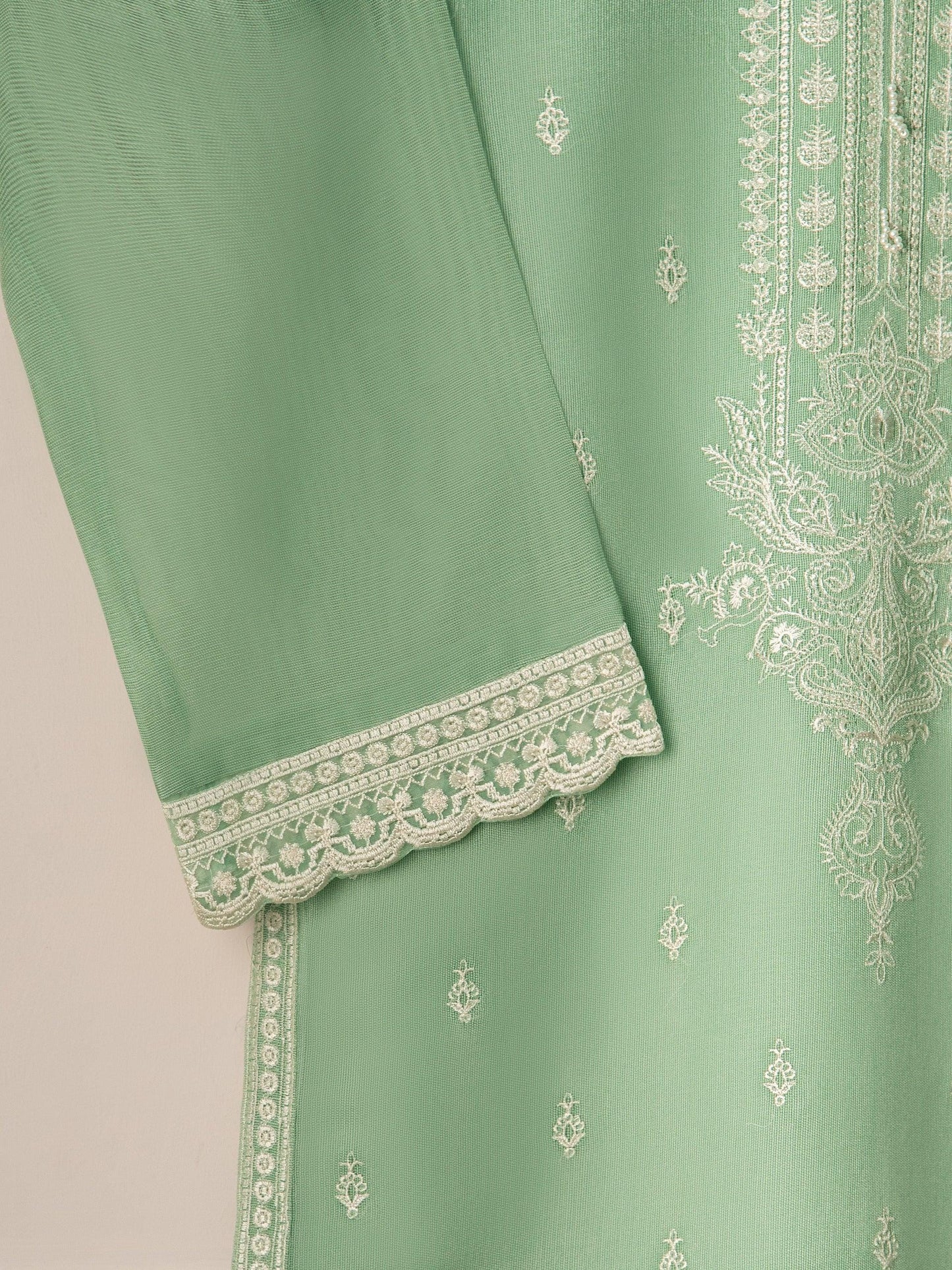Aghanoor 3 Piece Pure Cotton Net Embroidered Suit Size (Large, Medium) - Pista Green