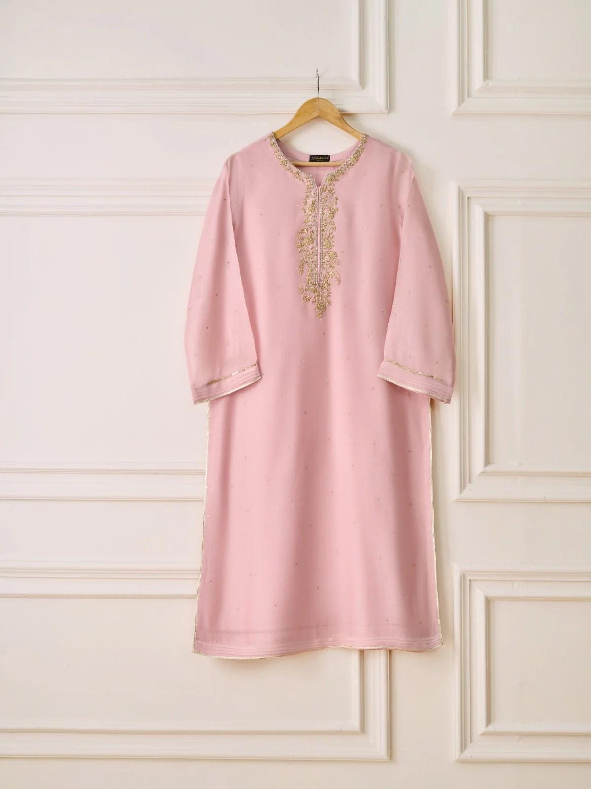 Agha Noor 2 Piece Embroidered Cotton Net Suit: Tea Pink Raw Silk Pants (Large)