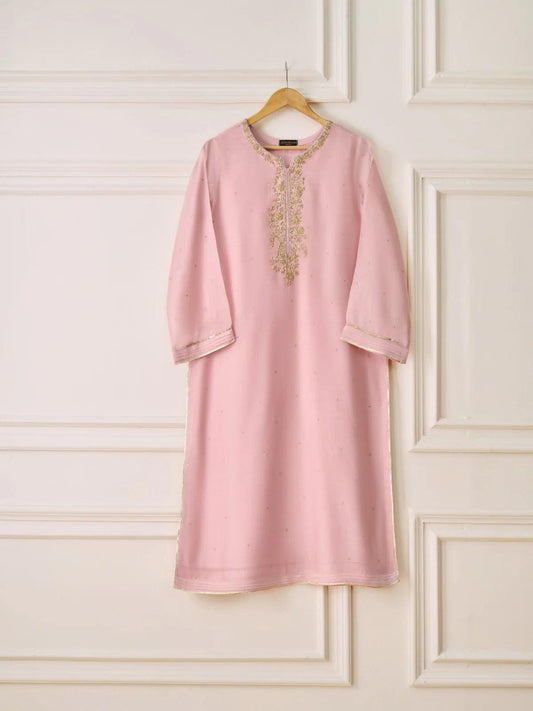Agha Noor 2 Piece Embroidered Cotton Net Suit: Tea Pink Raw Silk Pants (Large)