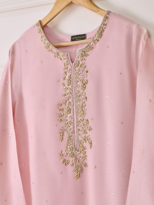 Agha Noor 2 Piece Embroidered Cotton Net Suit: Tea Pink Raw Silk Pants (Large)