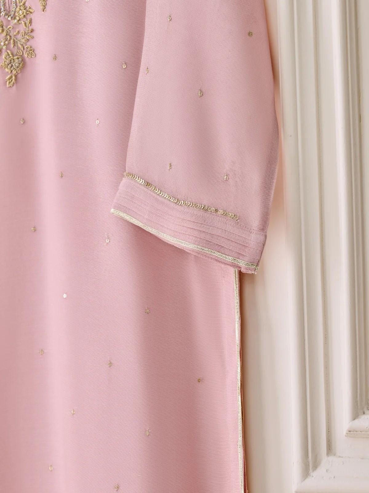 Agha Noor 2 Piece Embroidered Cotton Net Suit: Tea Pink Raw Silk Pants (Large)