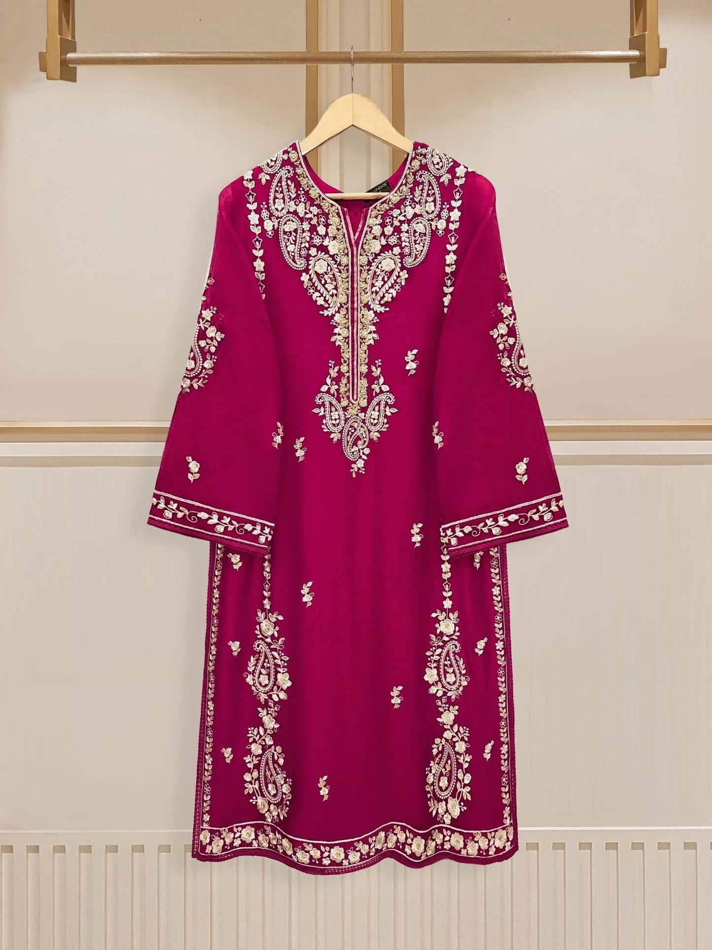Agha Noor 3 Piece - Embroidered Cotton Net Suit: Hot Pink Raw Silk Pants, Organza Dupatta