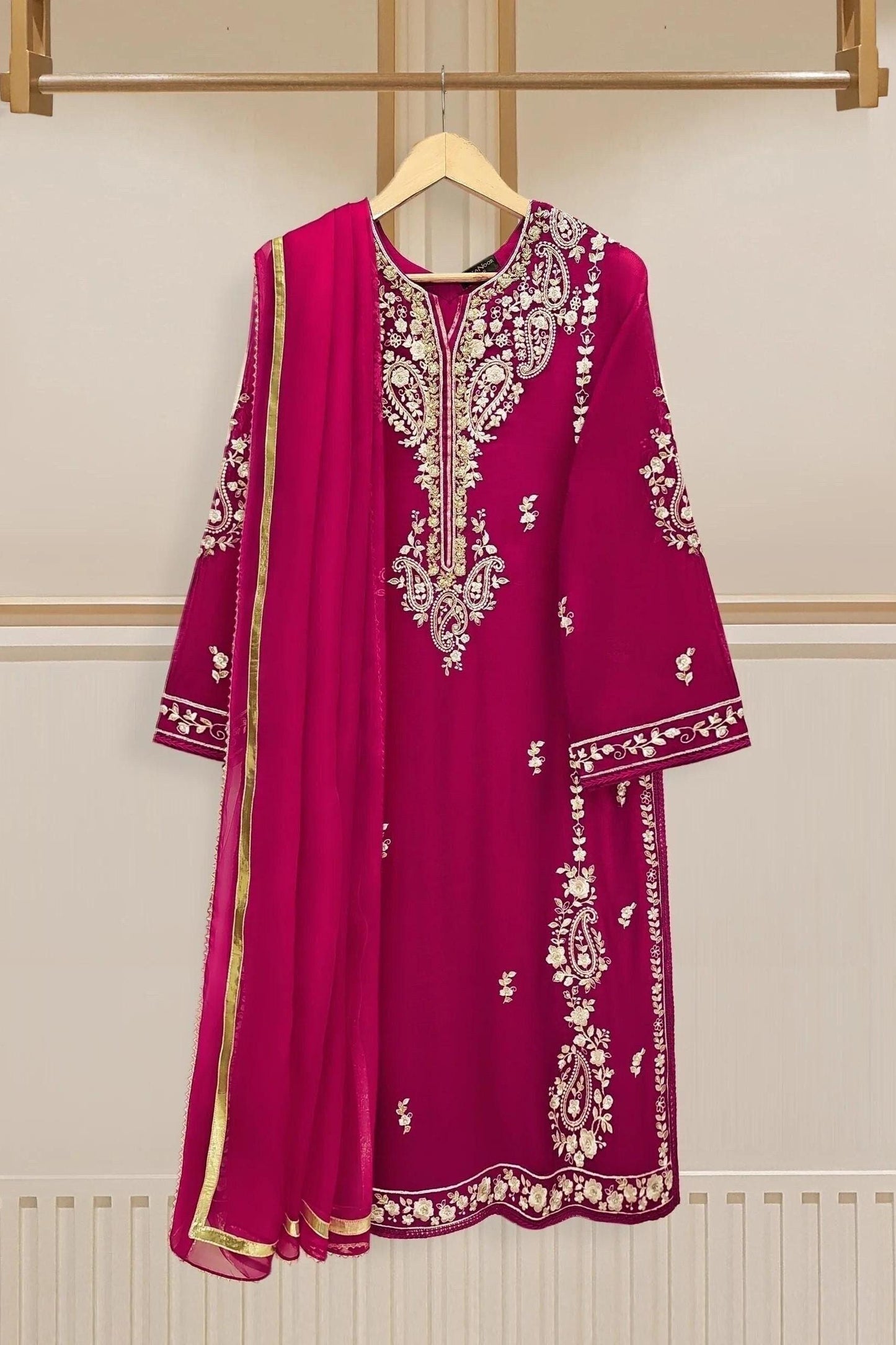 Agha Noor 3 Piece - Embroidered Cotton Net Suit: Hot Pink Raw Silk Pants, Organza Dupatta
