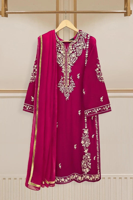 Agha Noor 3 Piece - Embroidered Cotton Net Suit: Hot Pink Raw Silk Pants, Organza Dupatta