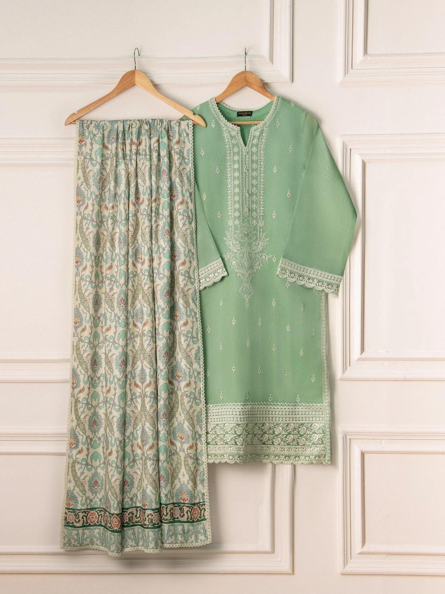 Aghanoor 3 Piece Pure Cotton Net Embroidered Suit Size (Large, Medium) - Pista Green