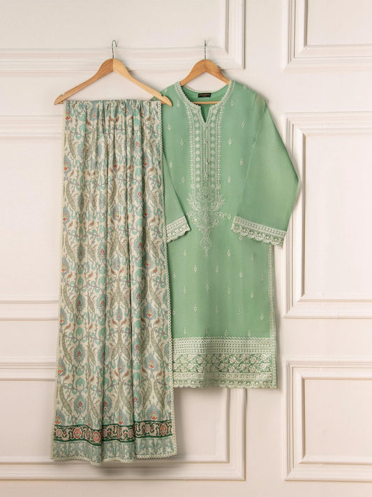 Aghanoor 3 Piece Pure Cotton Net Embroidered Suit Size (Large, Medium) - Pista Green