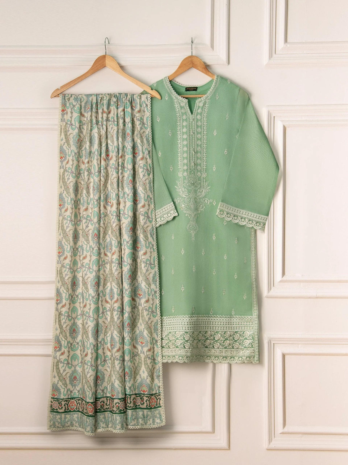 Agha Noor Cotton Net Embroidered Suit - Pista Green
