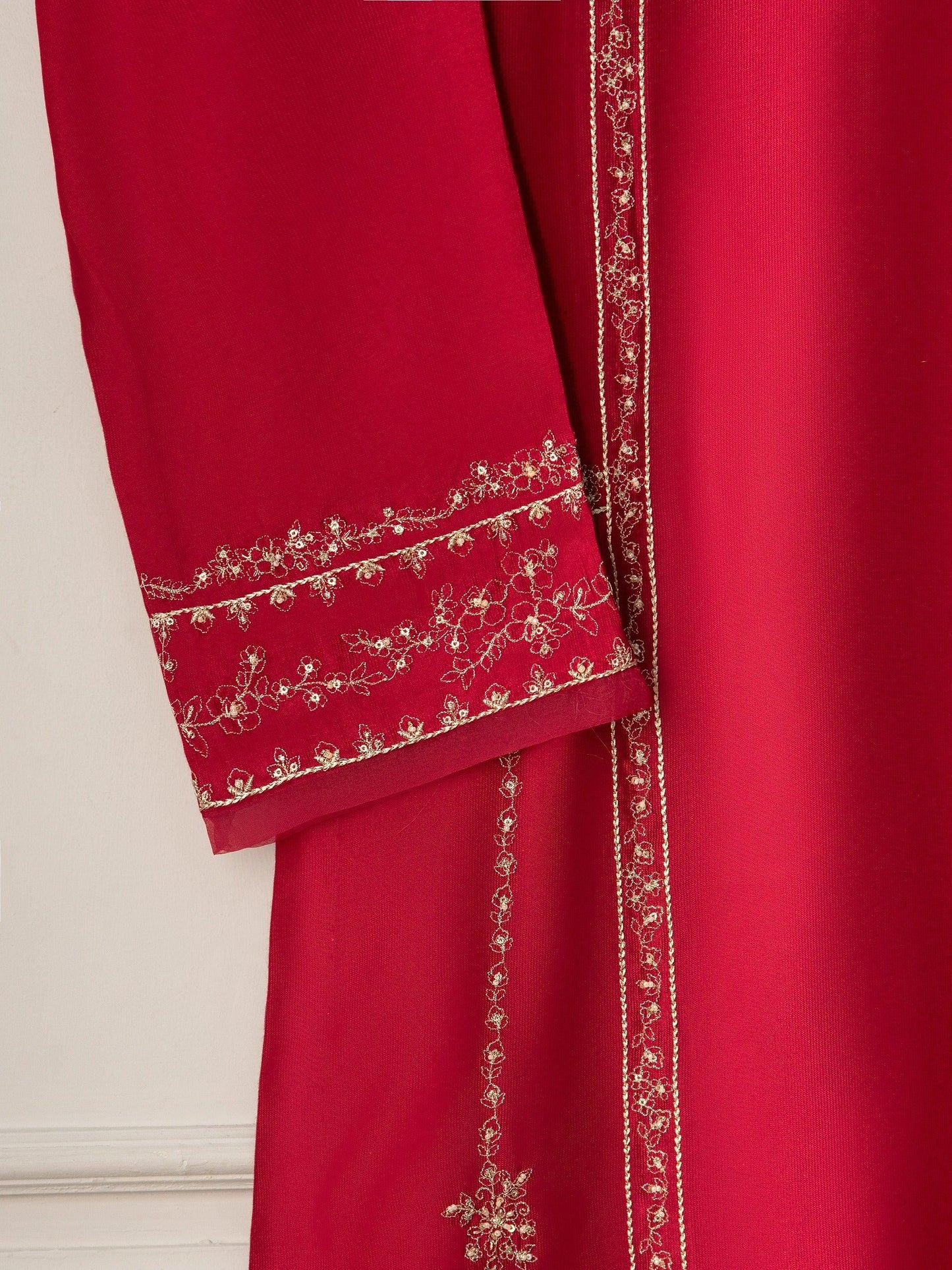 Aghanoor 2 Piece Pure Silk Embroidered Suit Size (Medium) - Maroon - Raw Silk Pants
