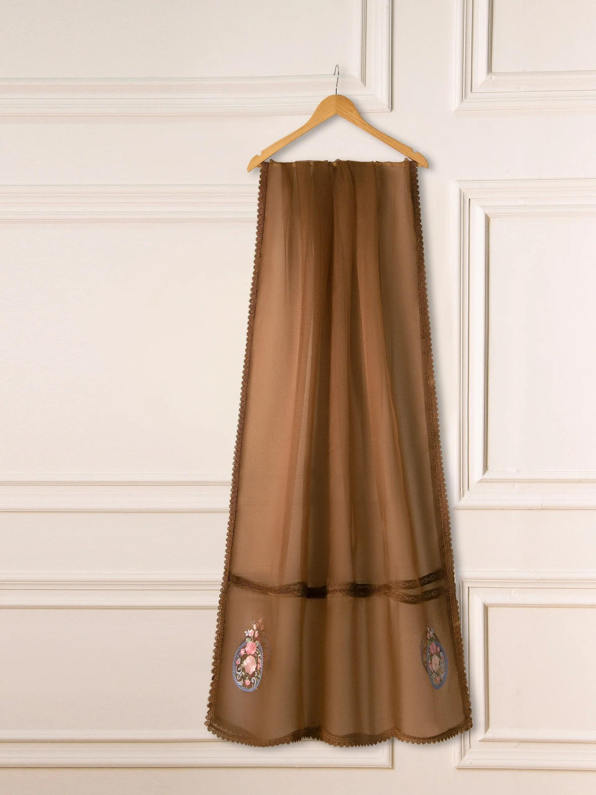 Agha Noor 3 Piece Pure Cotton Net Embroidered Suit - Brown