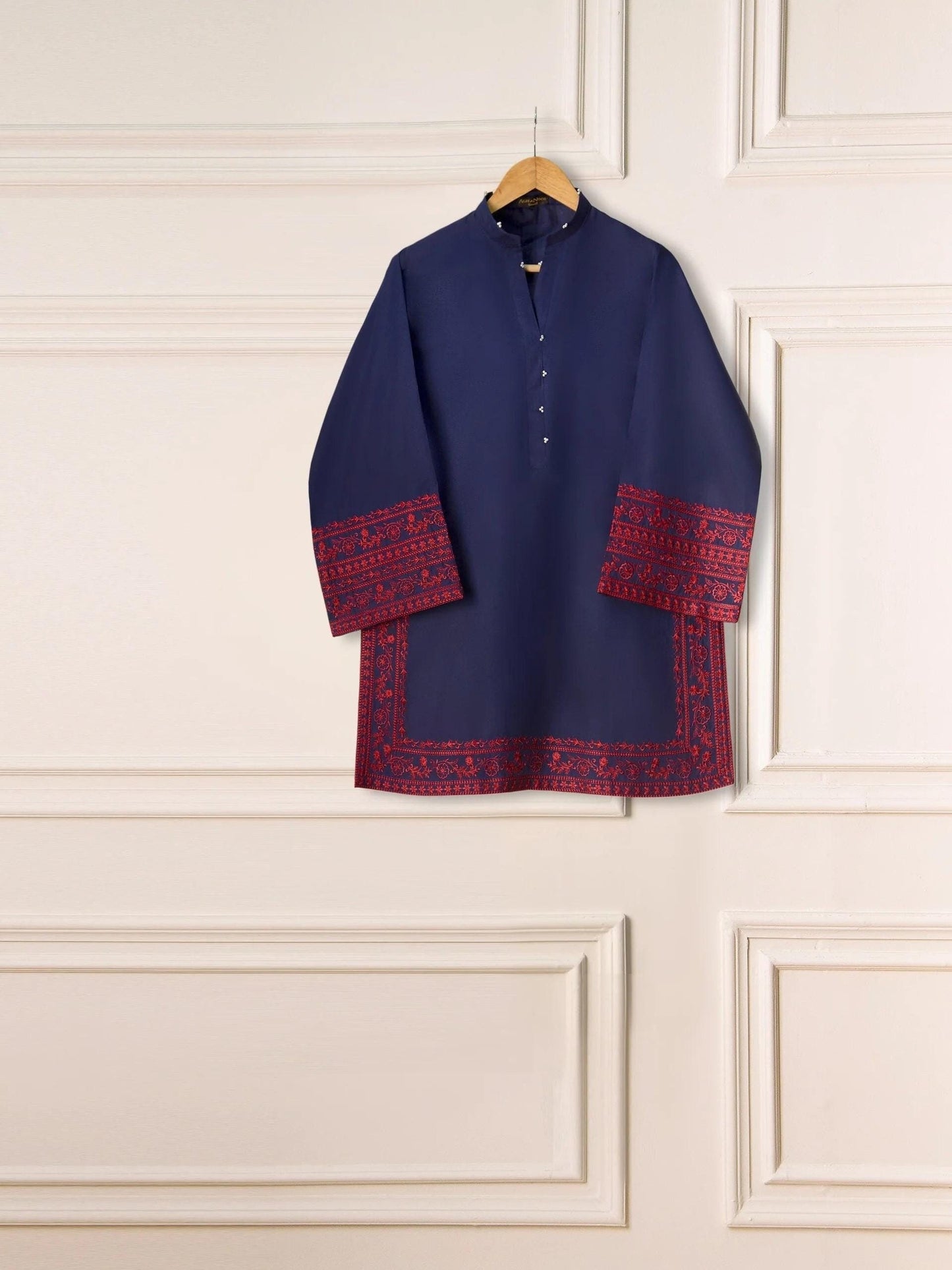 Aghanoor Cambric Embroidered Shirt- (Size-  L) - Navy Blue