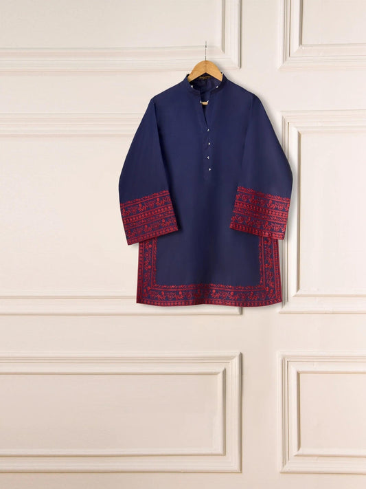 Aghanoor Cambric Embroidered Shirt- (Size-  L) - Navy Blue