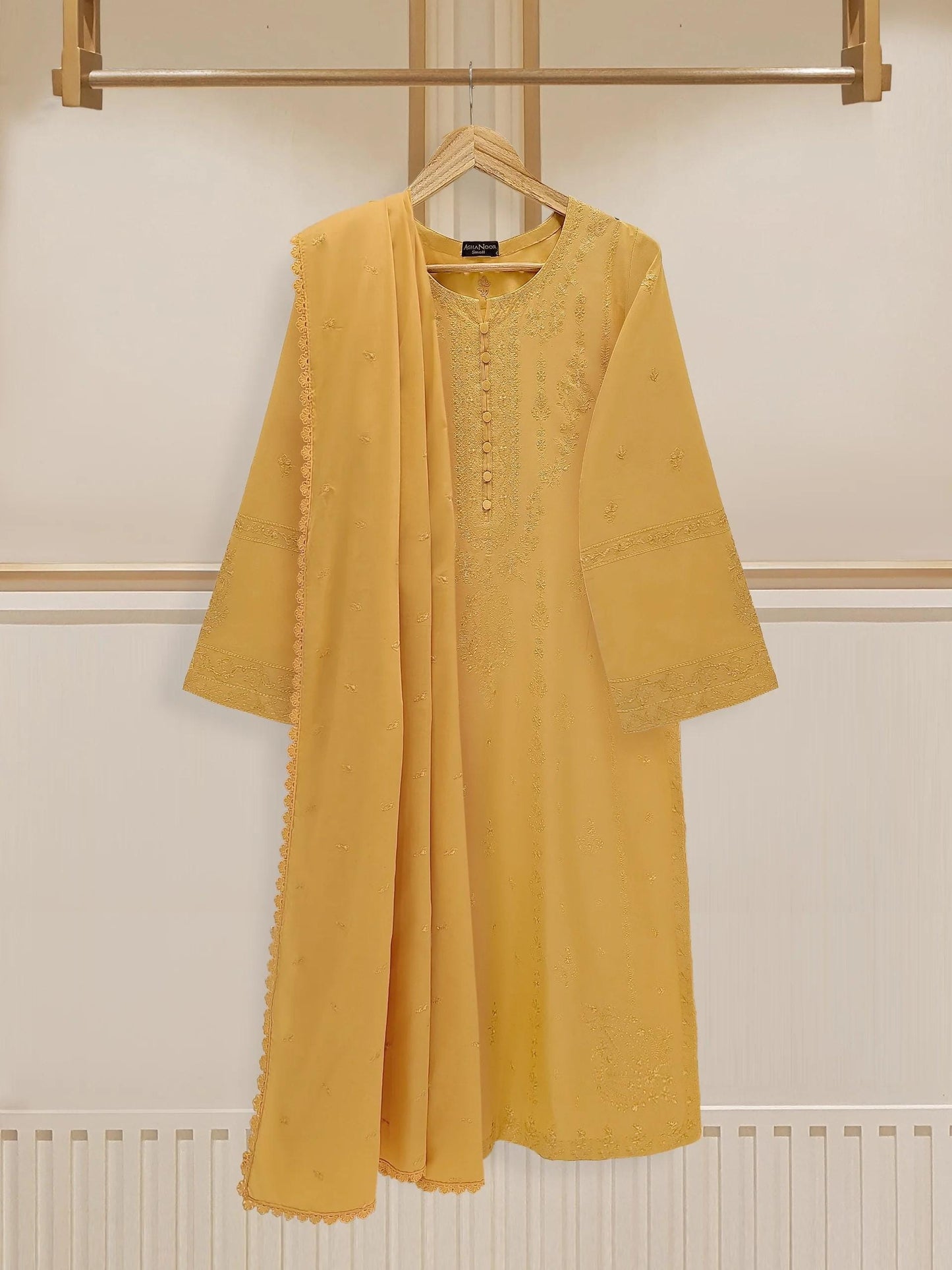 Aghanoor 3 piece - (Size-Medium) Embroidered Suit -Mustard - India Pakistan Bangladesh