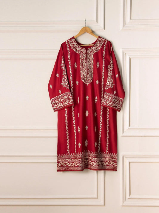 Agha noor 2 piece - (Size- Large) Pure Silk Heavily Embroidered Suit - Maroon - Raw Silk Pants