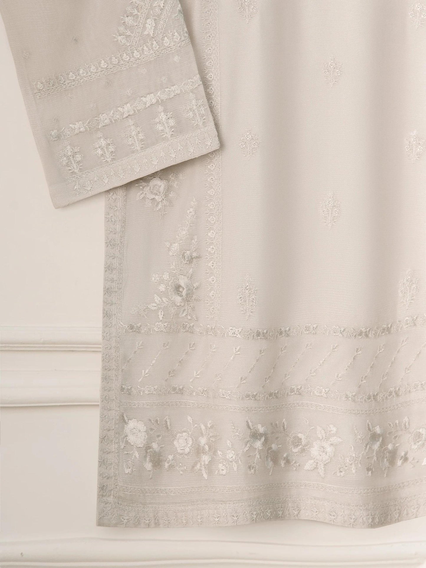 Embroidered Cotton Net Suit: Agha noor Grey Raw Silk Pants Set